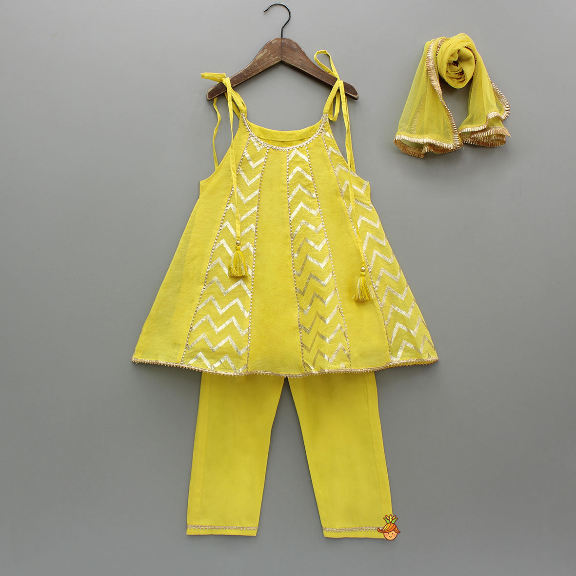 Yellow Strappy Kurti With Matching Pant And Dupatta