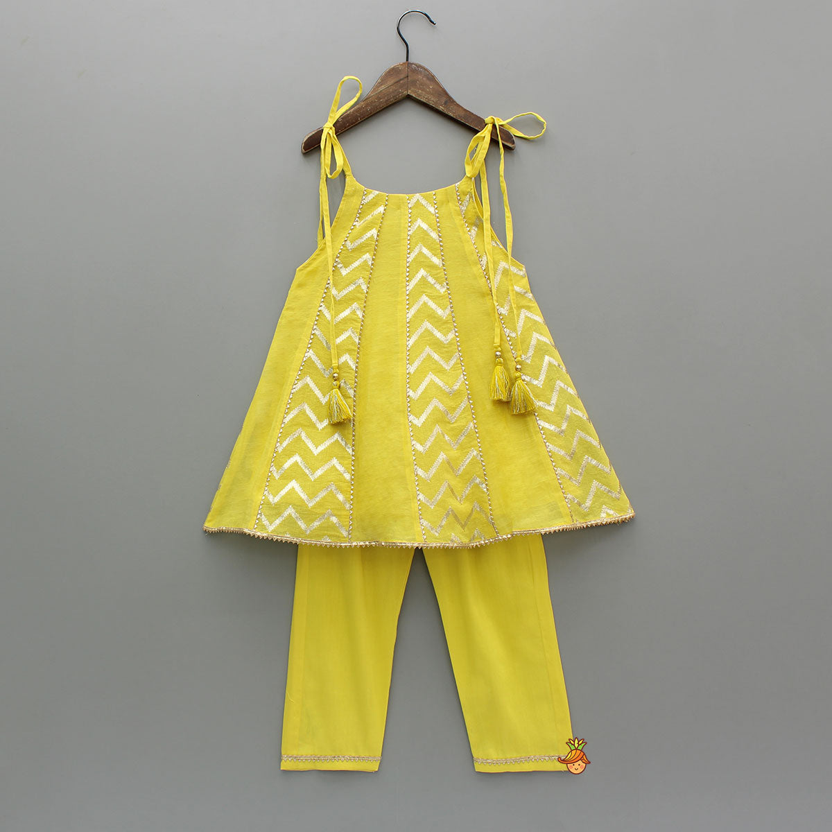 Yellow Strappy Kurti With Matching Pant And Dupatta