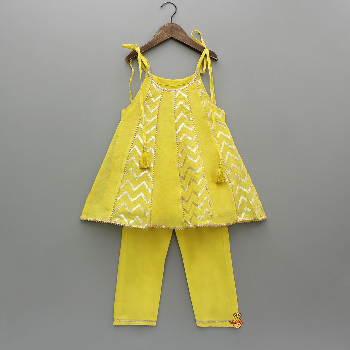 Yellow Strappy Kurti With Matching Pant And Dupatta