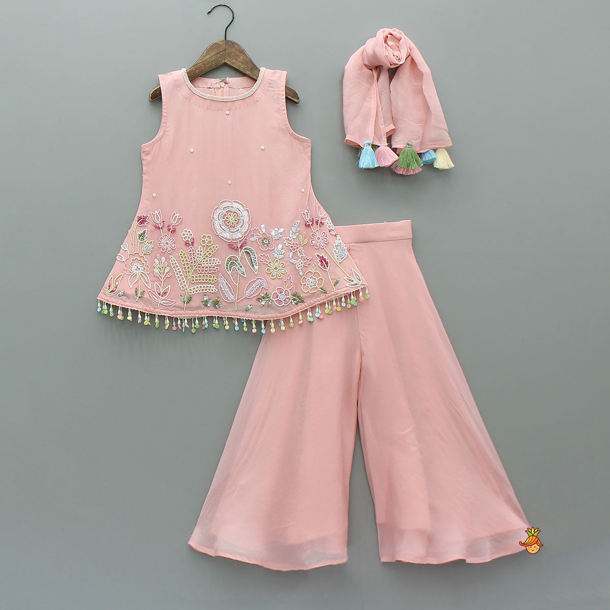 Pink Sleeveless Floral Embroidered Kurti With Flared Palazzo And Dupatta