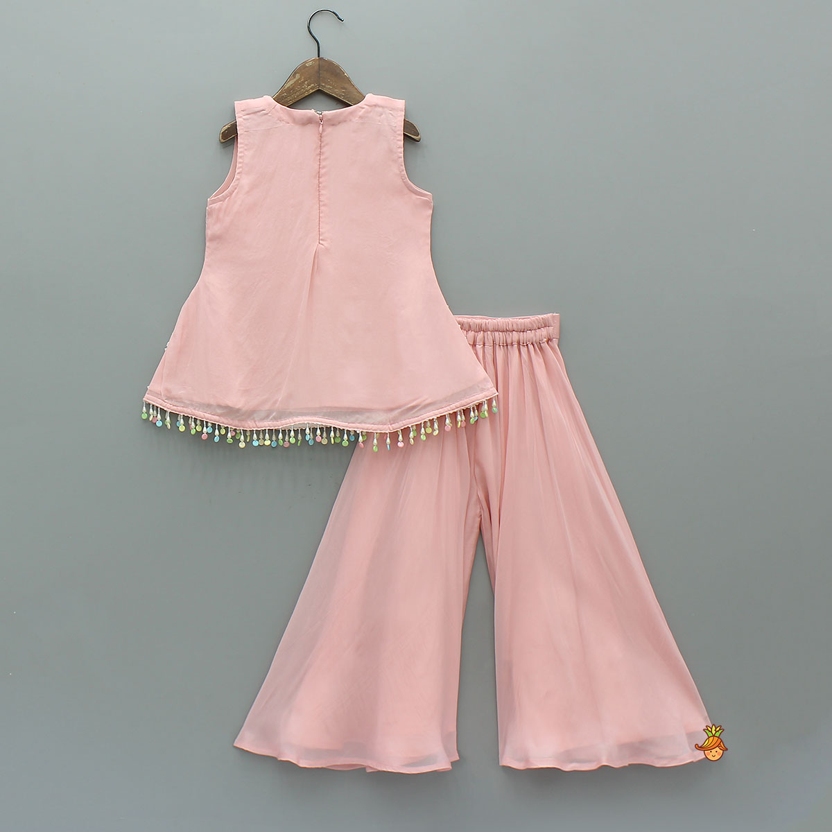 Pink Sleeveless Floral Embroidered Kurti With Flared Palazzo And Dupatta