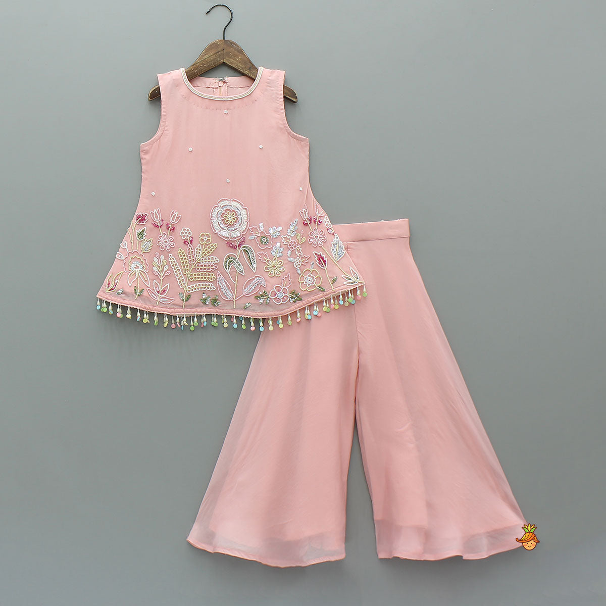 Pink Sleeveless Floral Embroidered Kurti With Flared Palazzo And Dupatta
