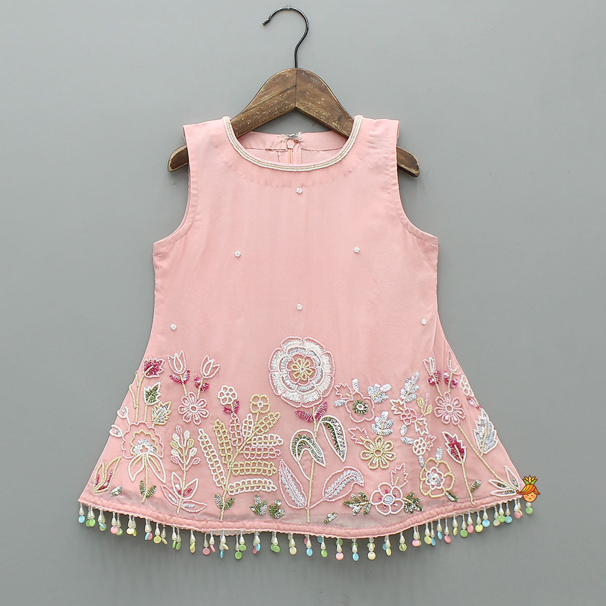 Pink Sleeveless Floral Embroidered Kurti With Flared Palazzo And Dupatta