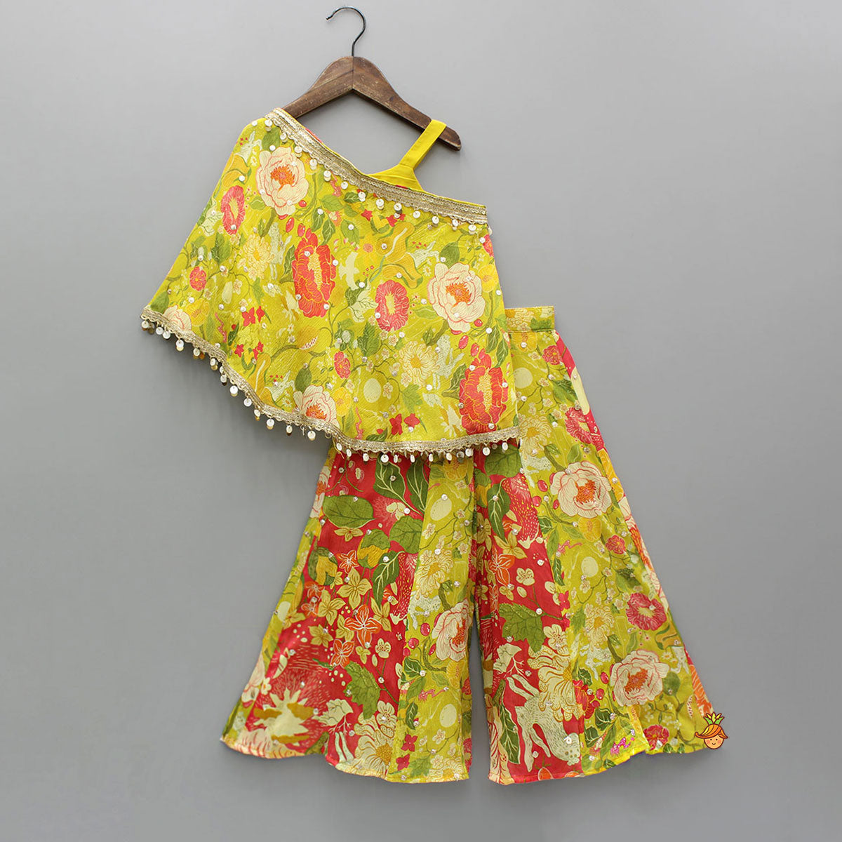 Yellow Strappy Top With Multicolour Printed Cape And Palazzo