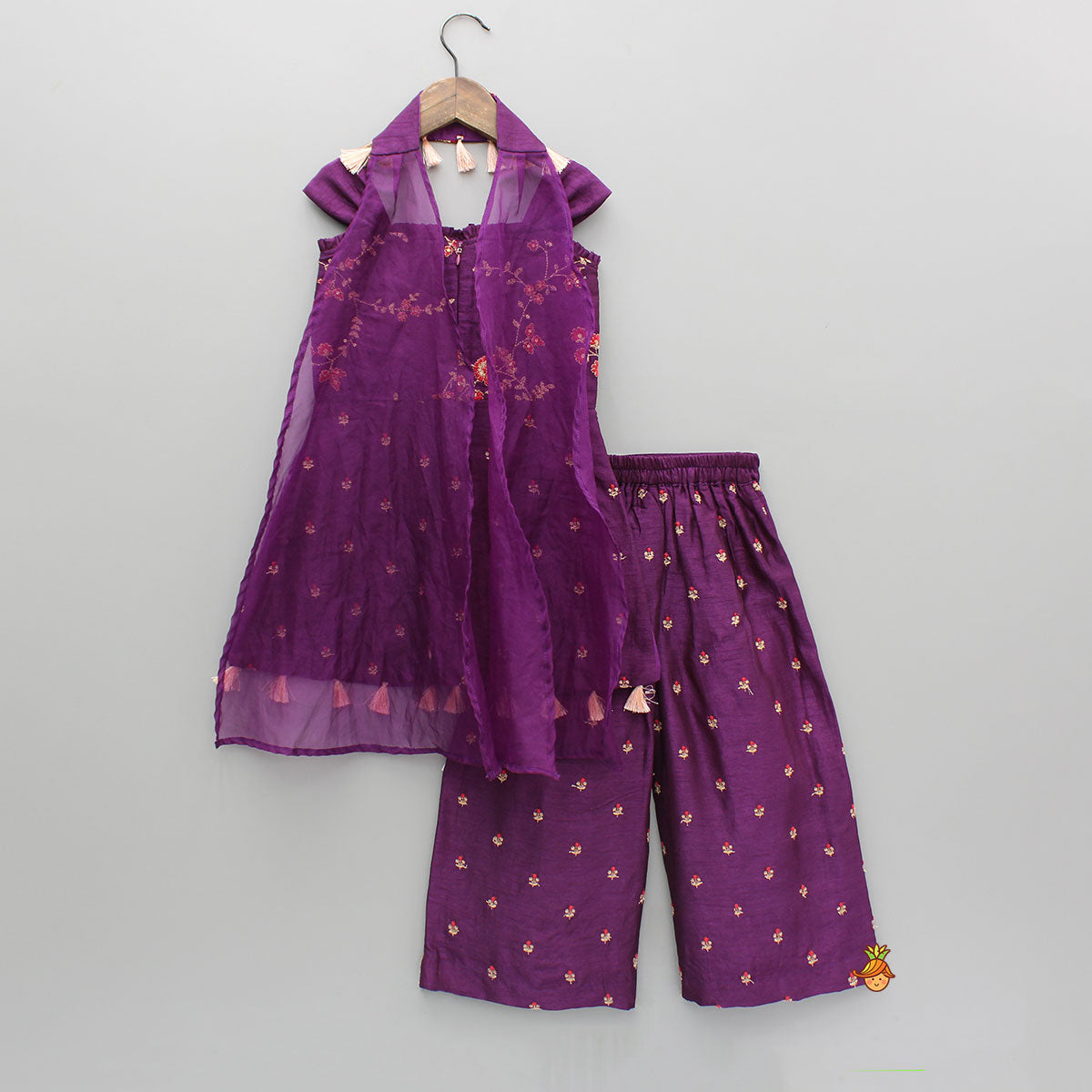 Purple Embroidered Kurti With Palazzo And Dupatta