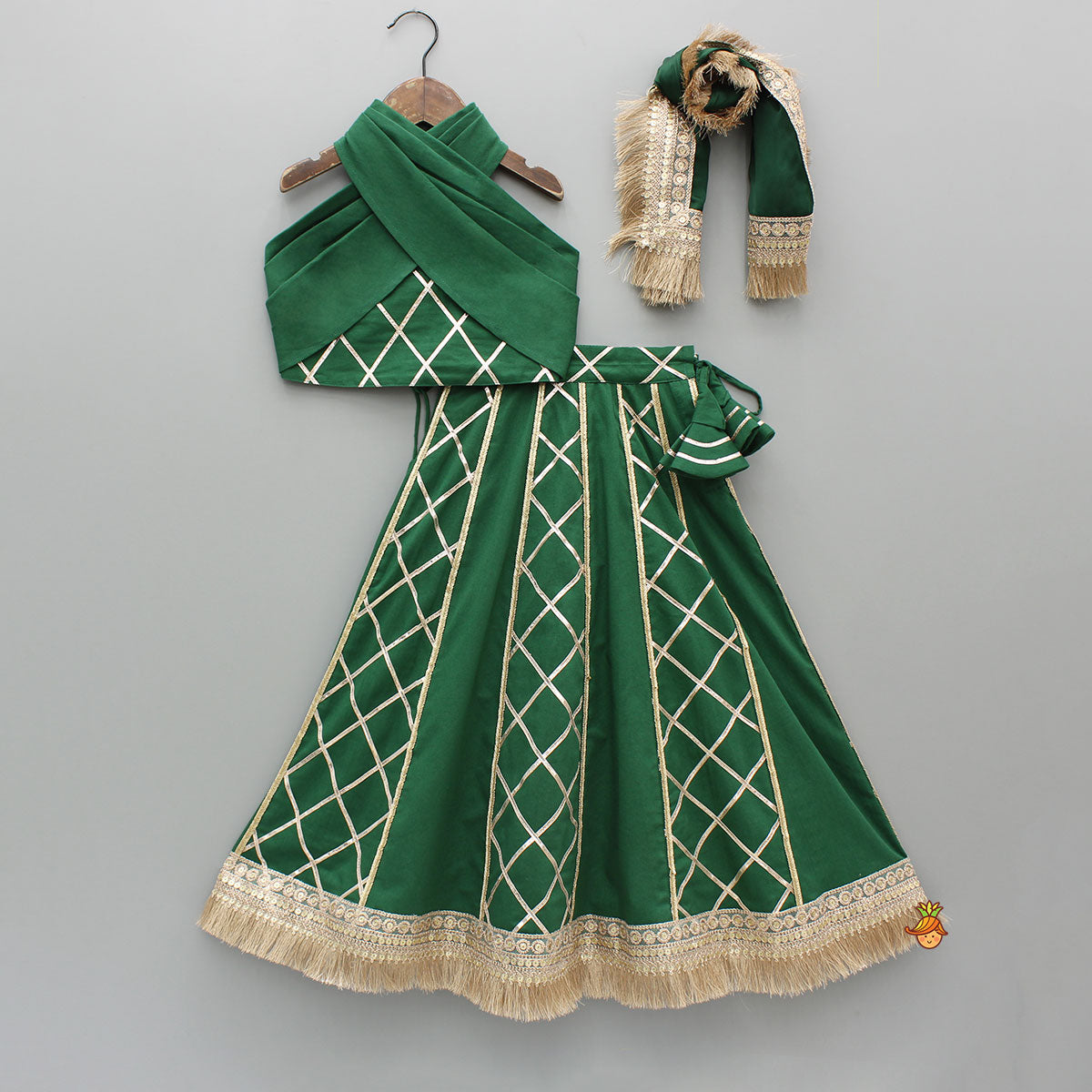 Green Stylish Overlap Halter Neck Gota Lace Detailed Top And Lehenga With Dupatta