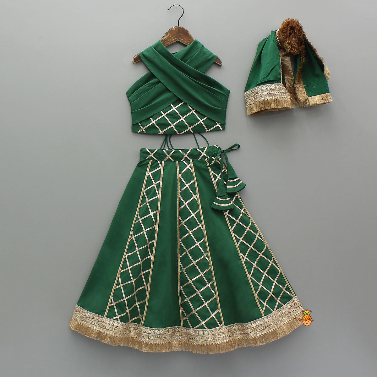 Green Stylish Overlap Halter Neck Gota Lace Detailed Top And Lehenga With Dupatta