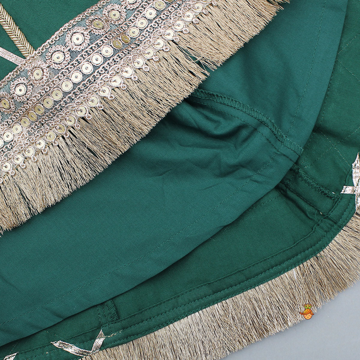 Green Stylish Overlap Halter Neck Gota Lace Detailed Top And Lehenga With Dupatta