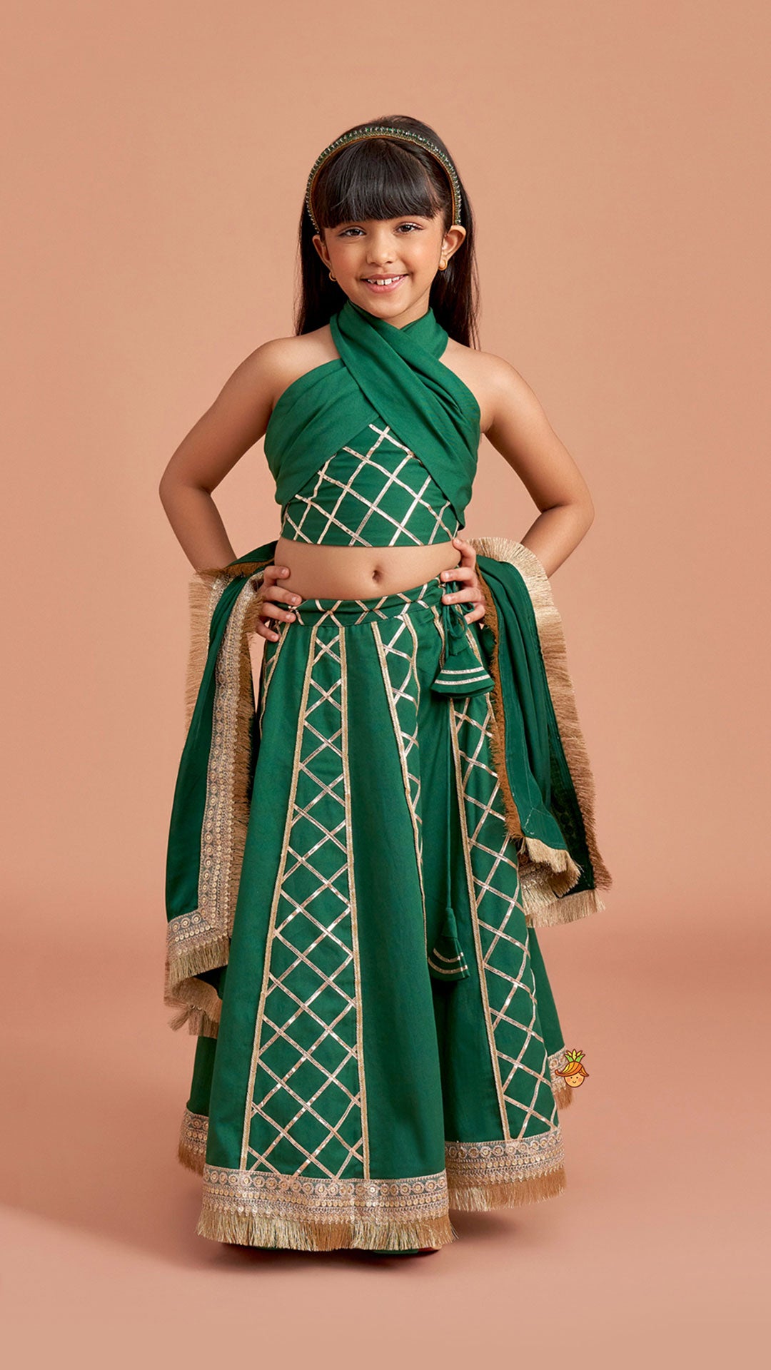 Green Stylish Overlap Halter Neck Gota Lace Detailed Top And Lehenga With Dupatta