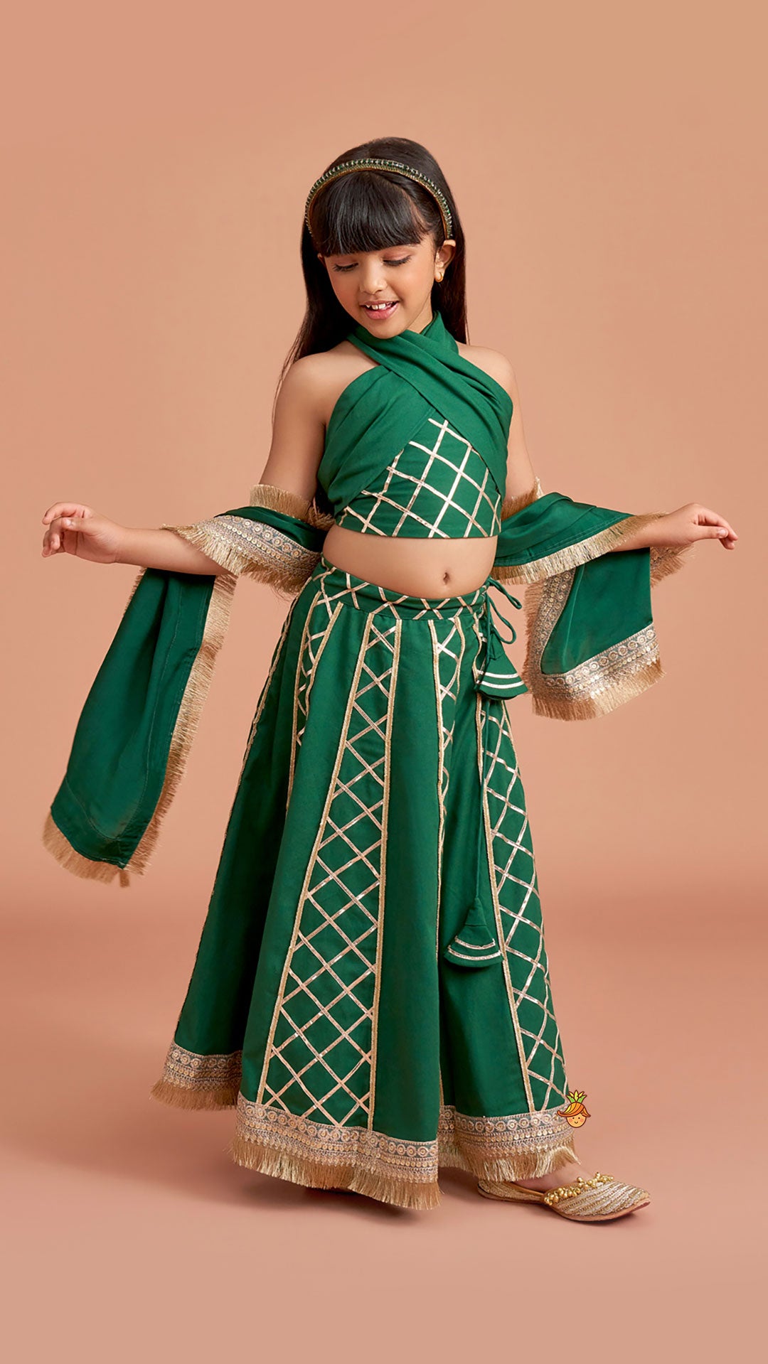 Green Stylish Overlap Halter Neck Gota Lace Detailed Top And Lehenga With Dupatta