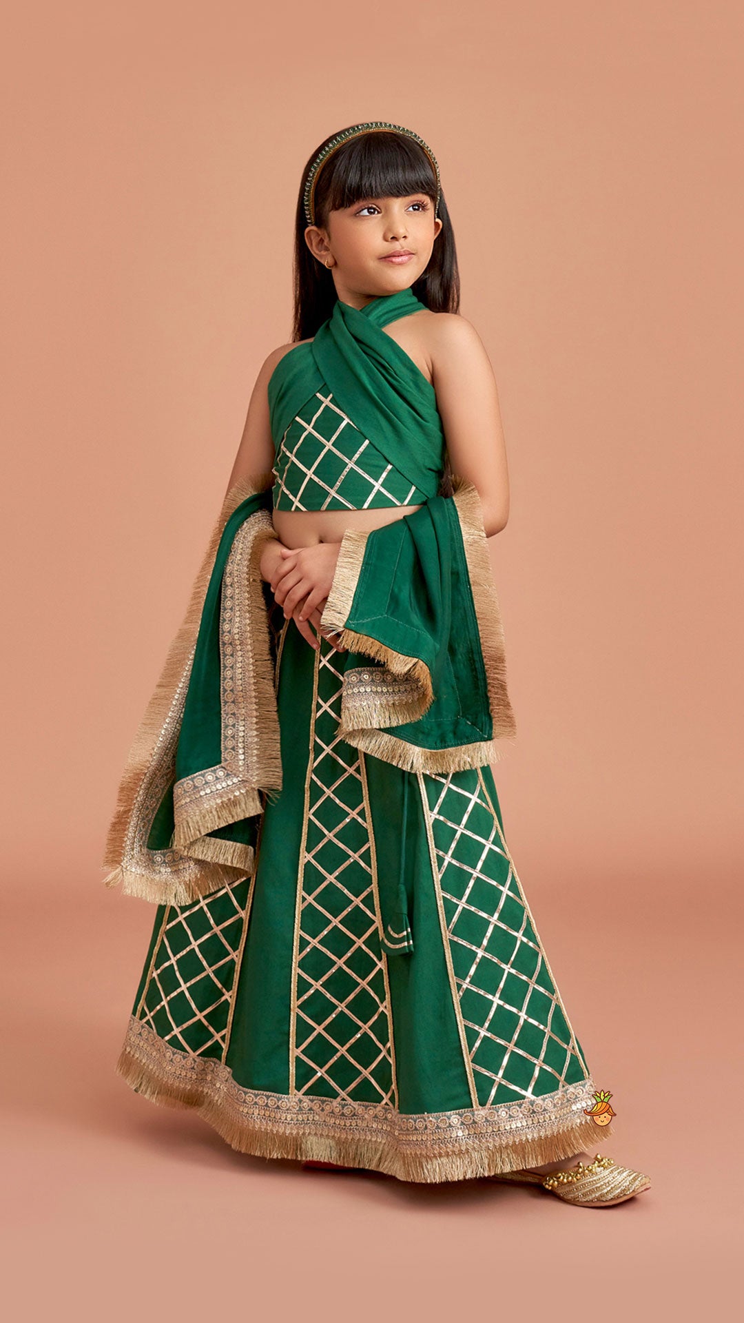 Green Stylish Overlap Halter Neck Gota Lace Detailed Top And Lehenga With Dupatta
