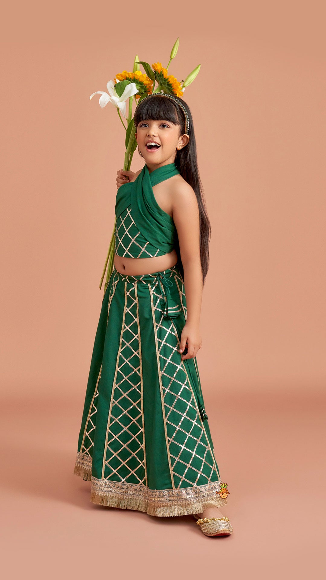 Green Stylish Overlap Halter Neck Gota Lace Detailed Top And Lehenga With Dupatta