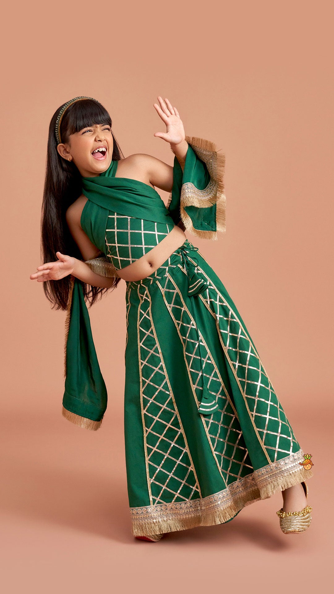 Green Stylish Overlap Halter Neck Gota Lace Detailed Top And Lehenga With Dupatta