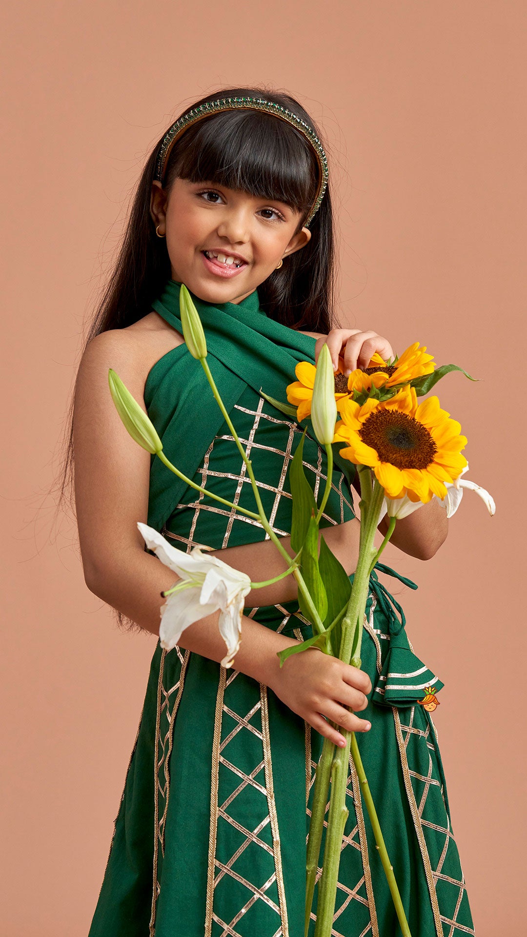 Green Stylish Overlap Halter Neck Gota Lace Detailed Top And Lehenga With Dupatta