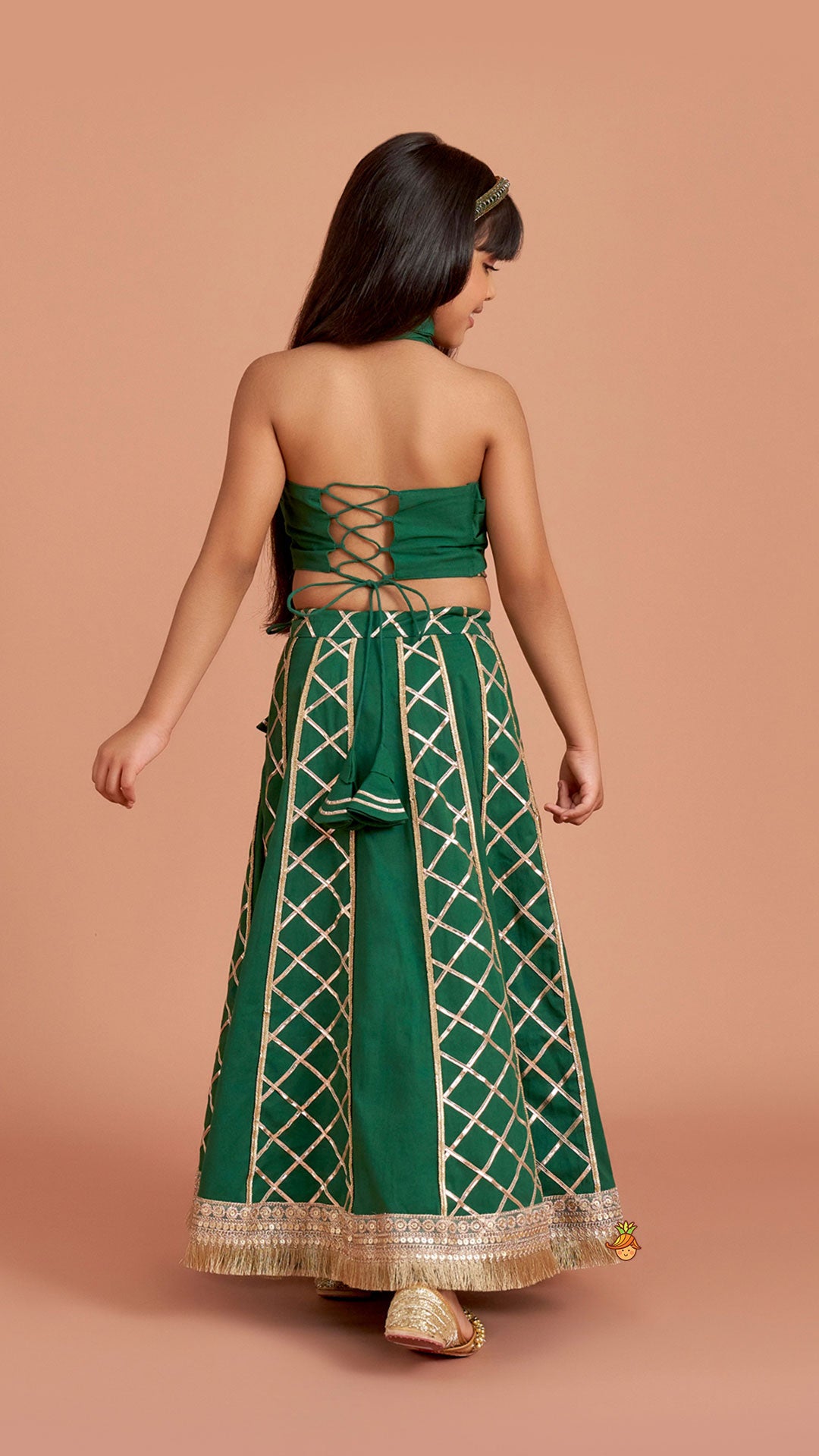 Green Stylish Overlap Halter Neck Gota Lace Detailed Top And Lehenga With Dupatta