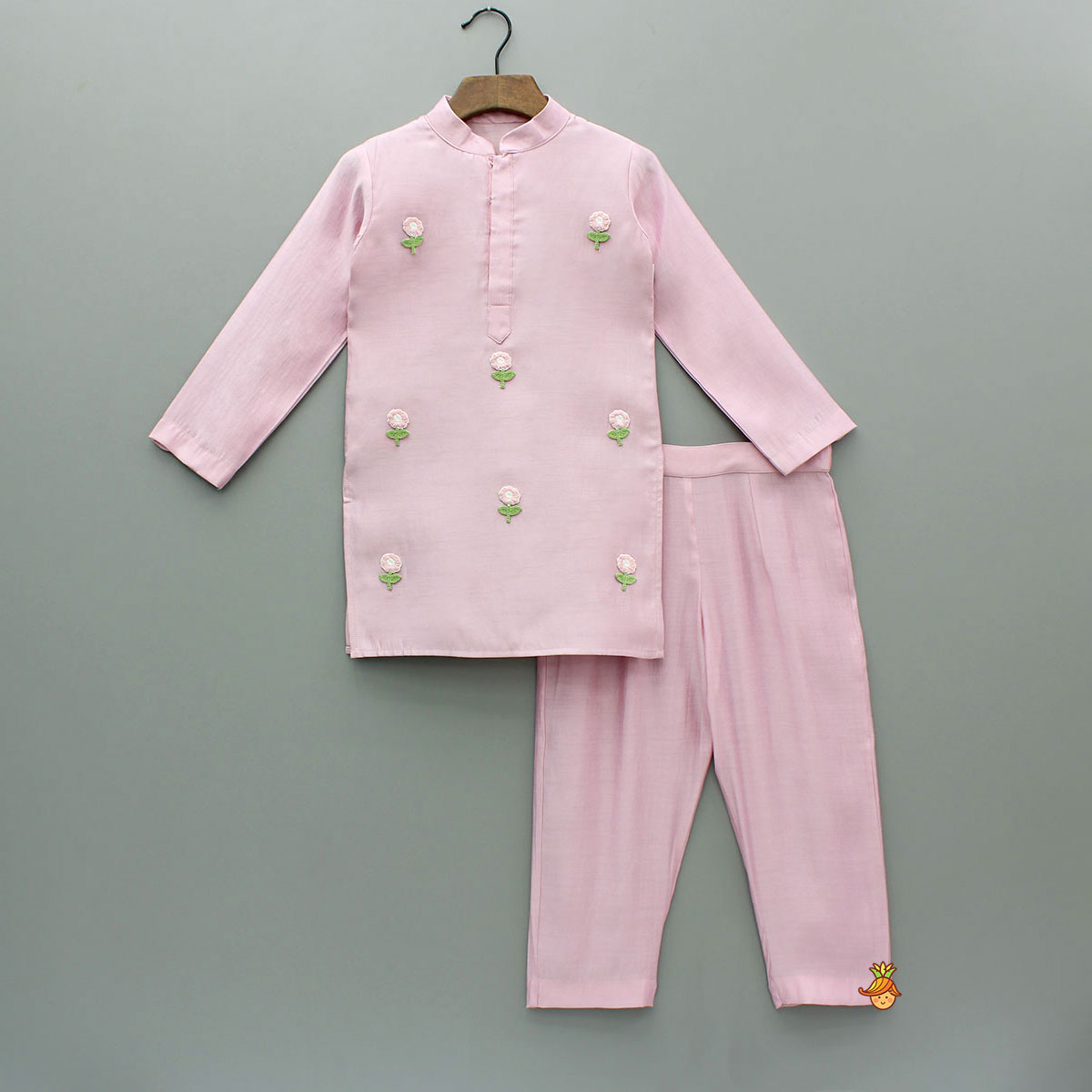 Pink Kurta With Embroidered Flower Applique And Pant