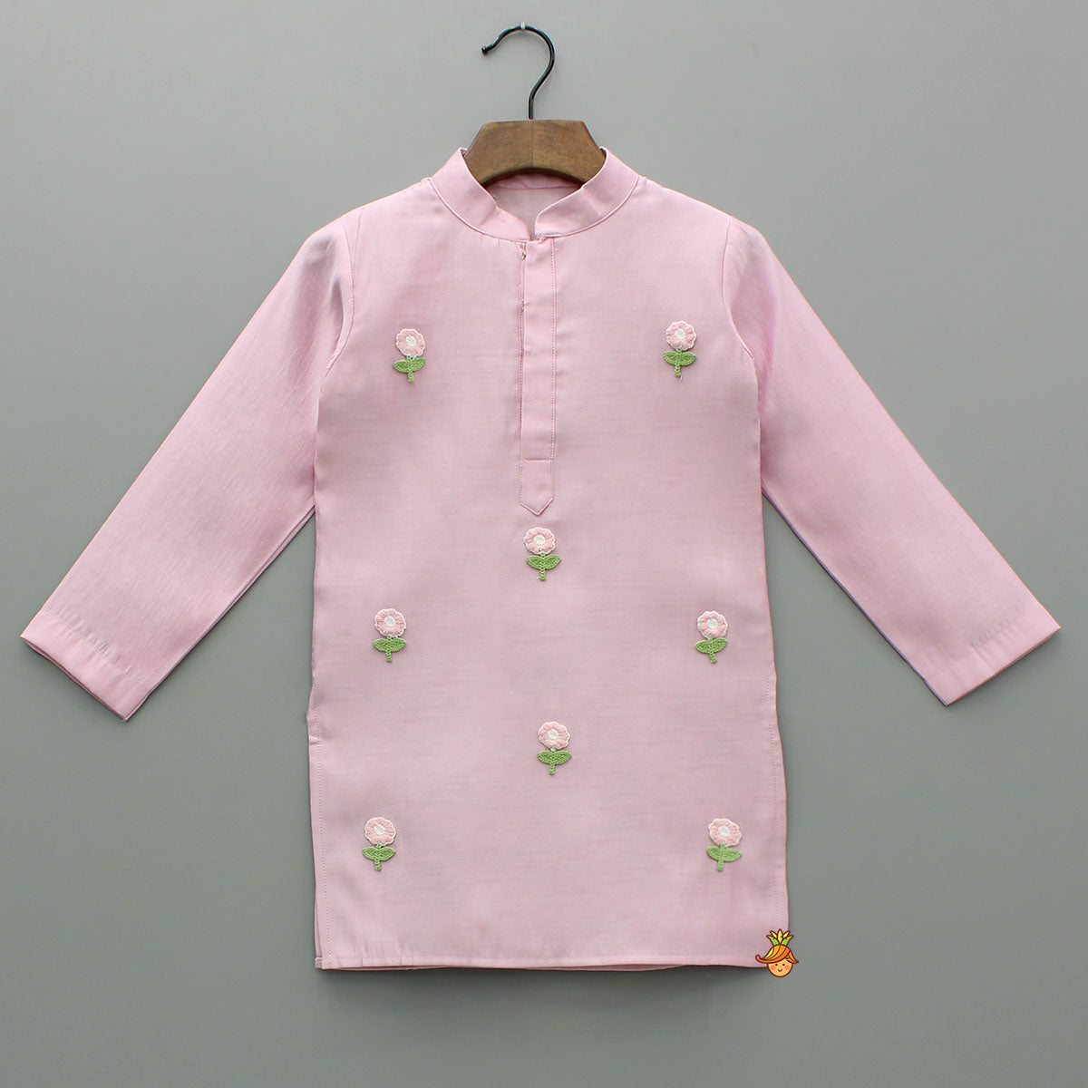 Pink Kurta With Embroidered Flower Applique And Pant