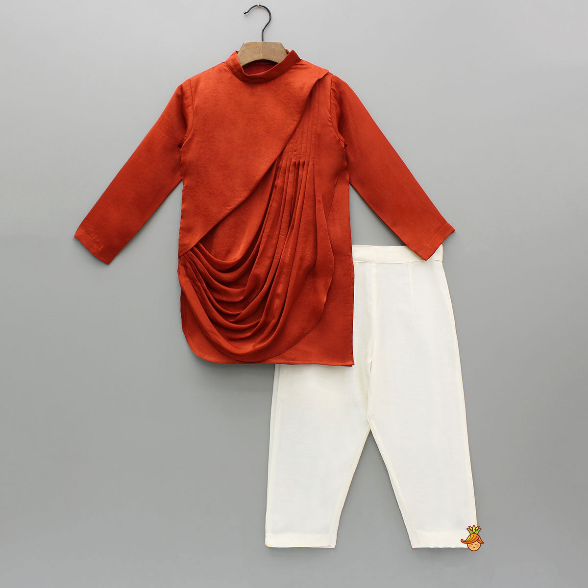 Rust Flap Kurta With Pleated Drape Detailing And Pant