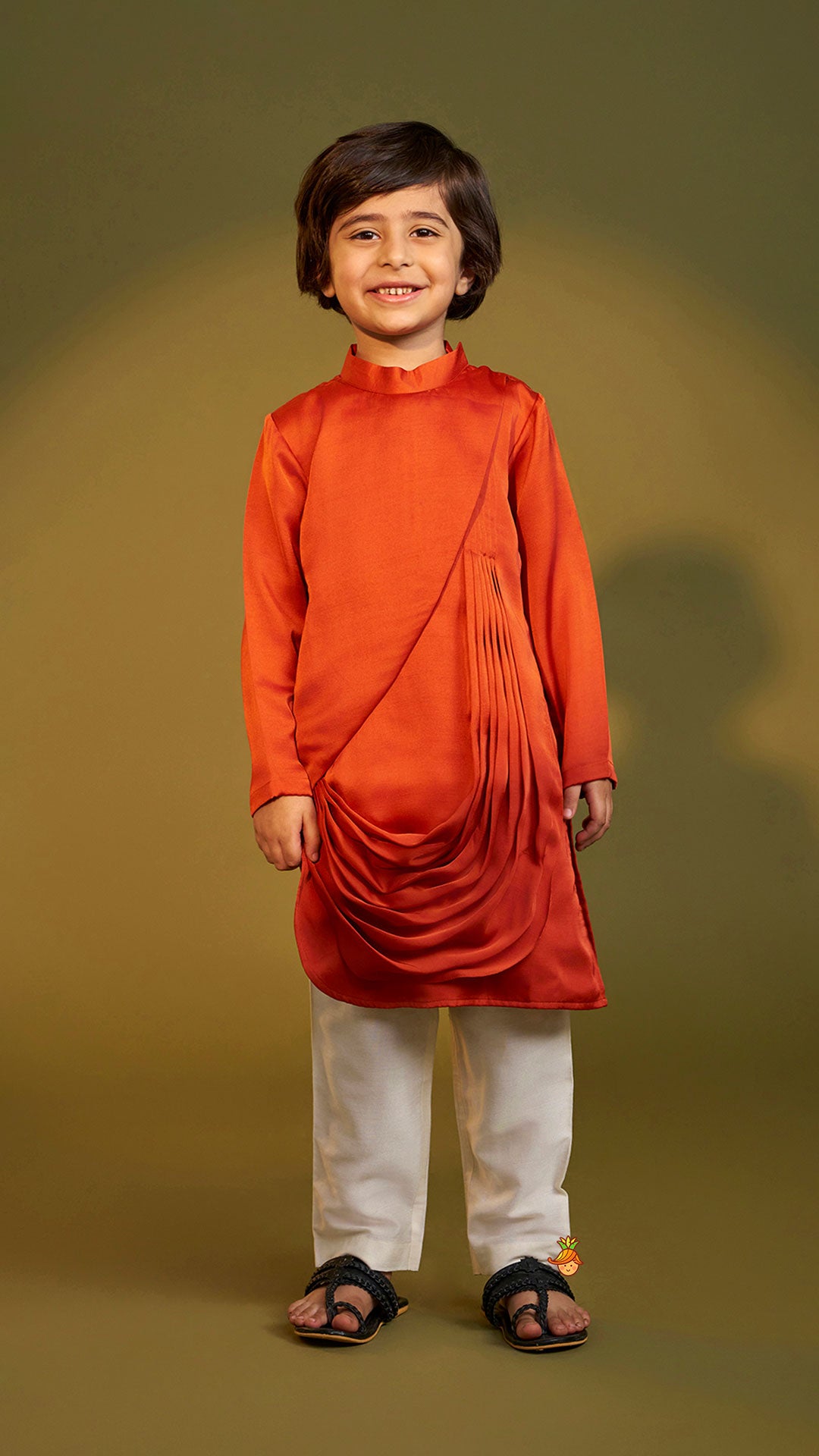 Rust Flap Kurta With Pleated Drape Detailing And Pant
