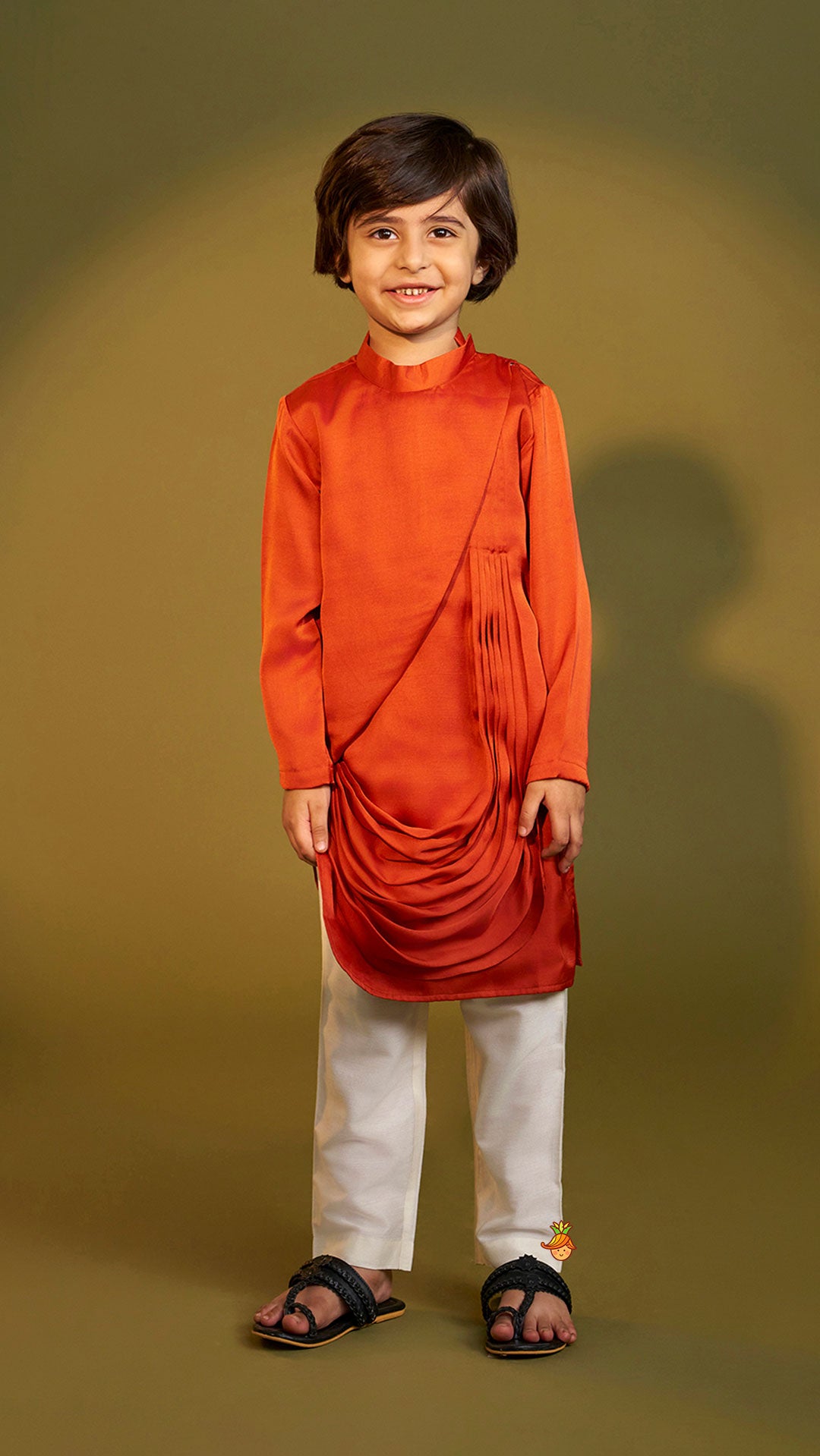 Rust Flap Kurta With Pleated Drape Detailing And Pant