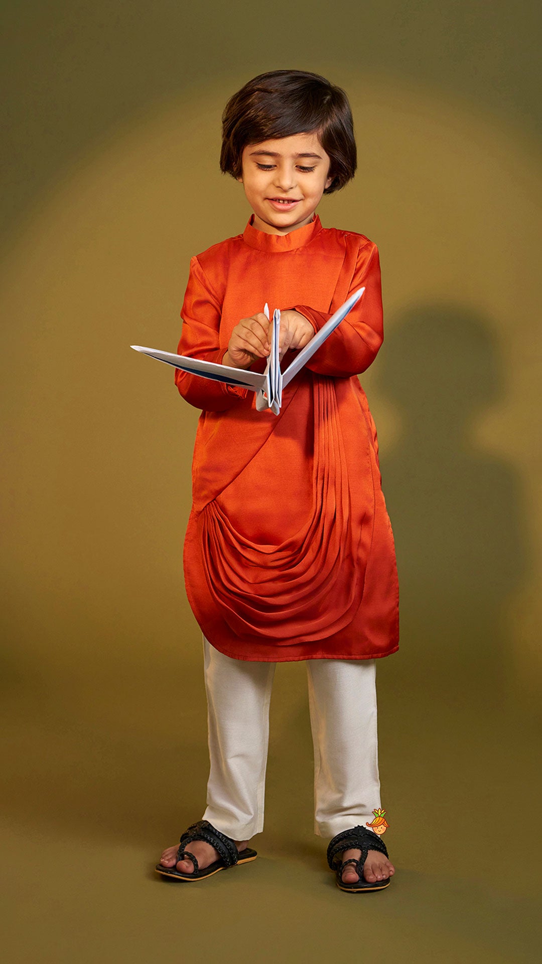 Rust Flap Kurta With Pleated Drape Detailing And Pant