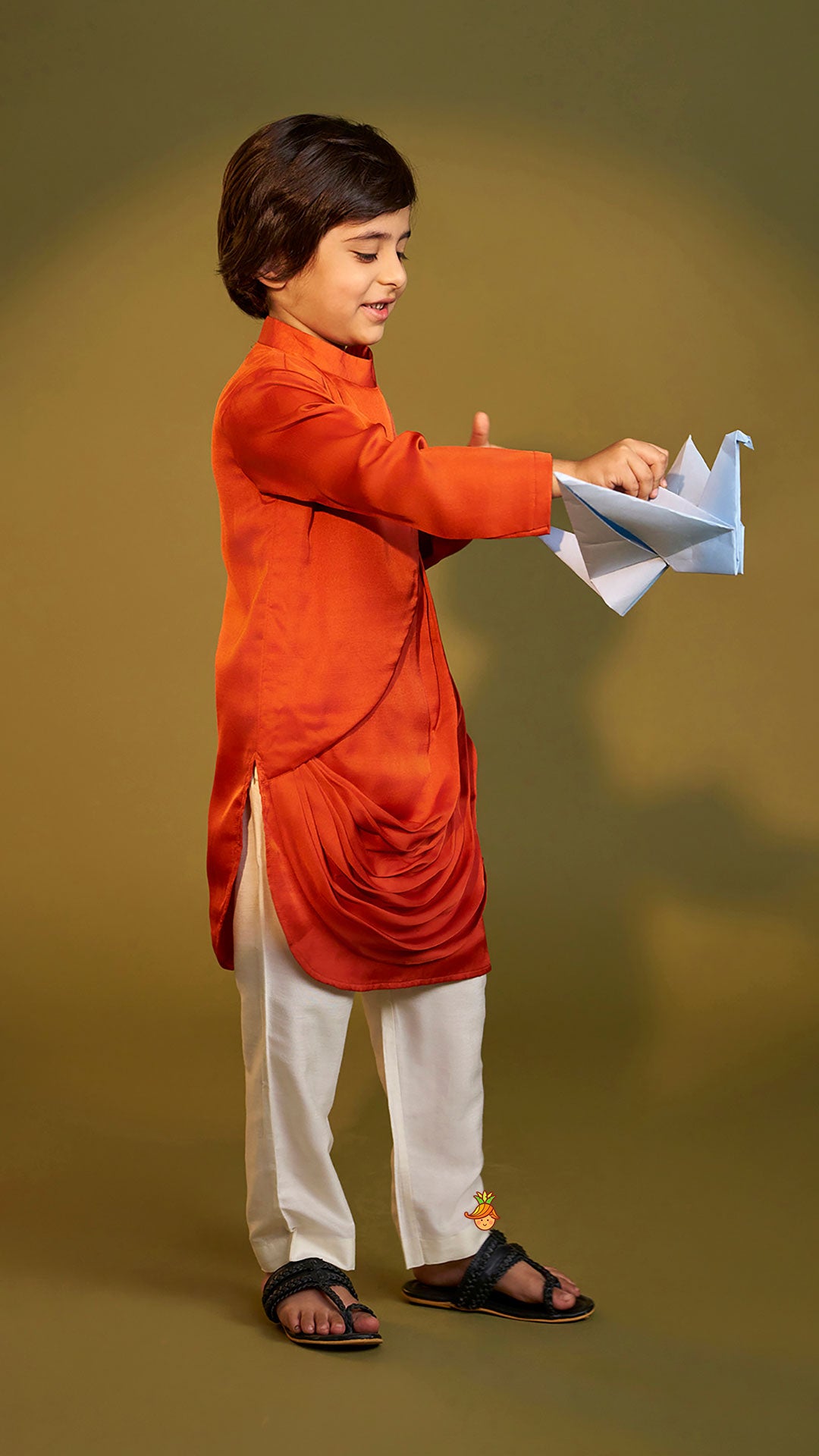 Rust Flap Kurta With Pleated Drape Detailing And Pant