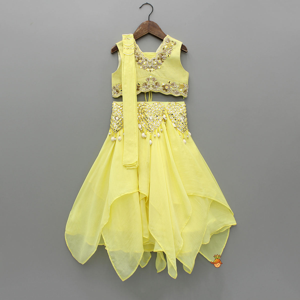 Yellow Embroidered Top And Stylish Layered Lehenga With Dupatta