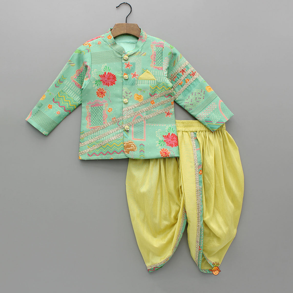 Green Printed Lace Detailed Sherwani And Dhoti