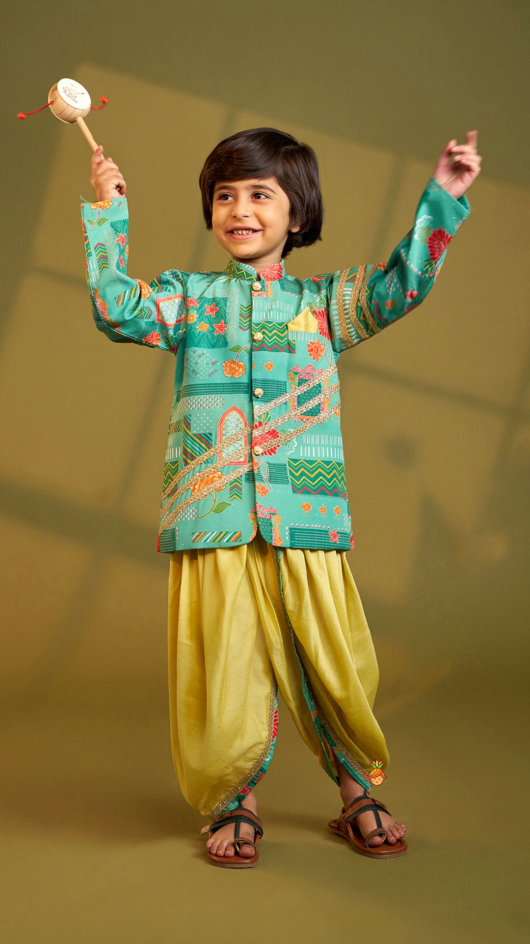 Green Printed Lace Detailed Sherwani And Dhoti