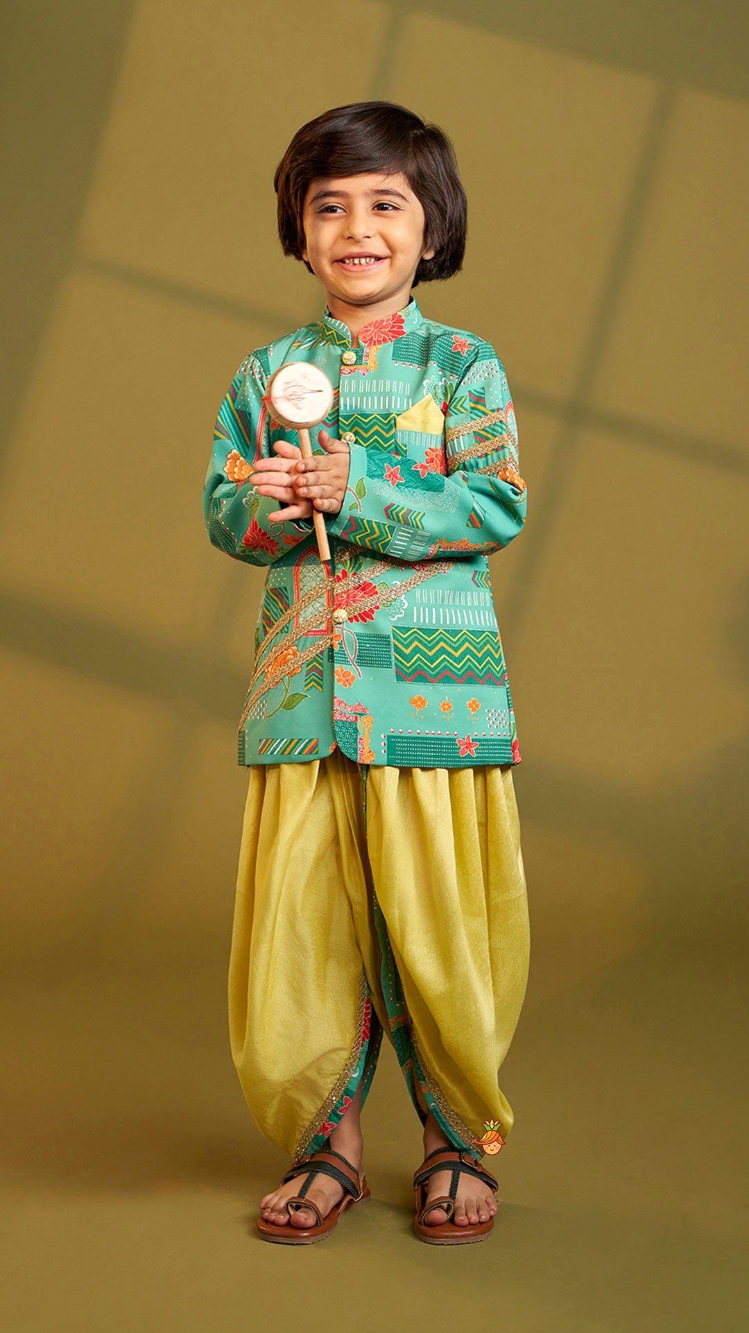 Green Printed Lace Detailed Sherwani And Dhoti