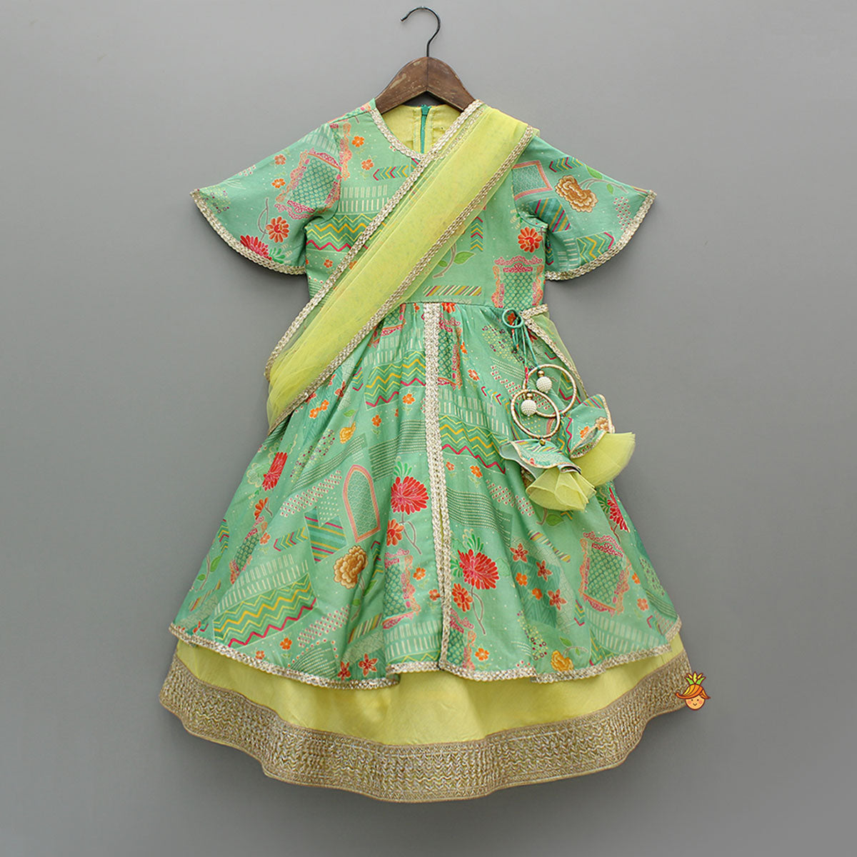 Green Printed Anarkali With Attached Dupatta