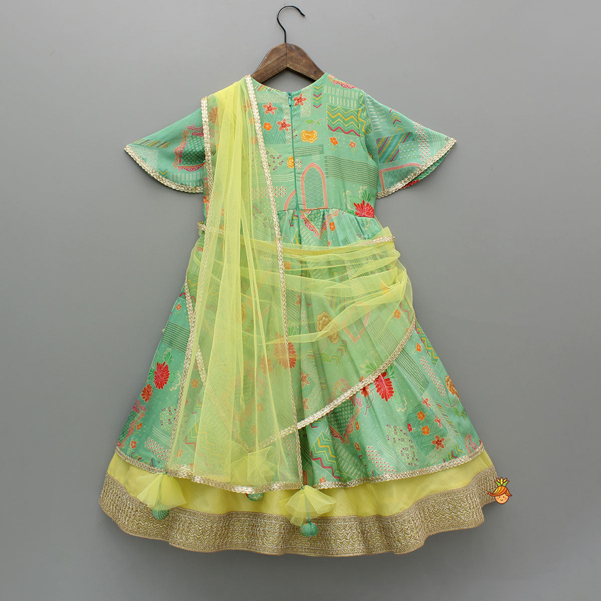 Green Printed Anarkali With Attached Dupatta