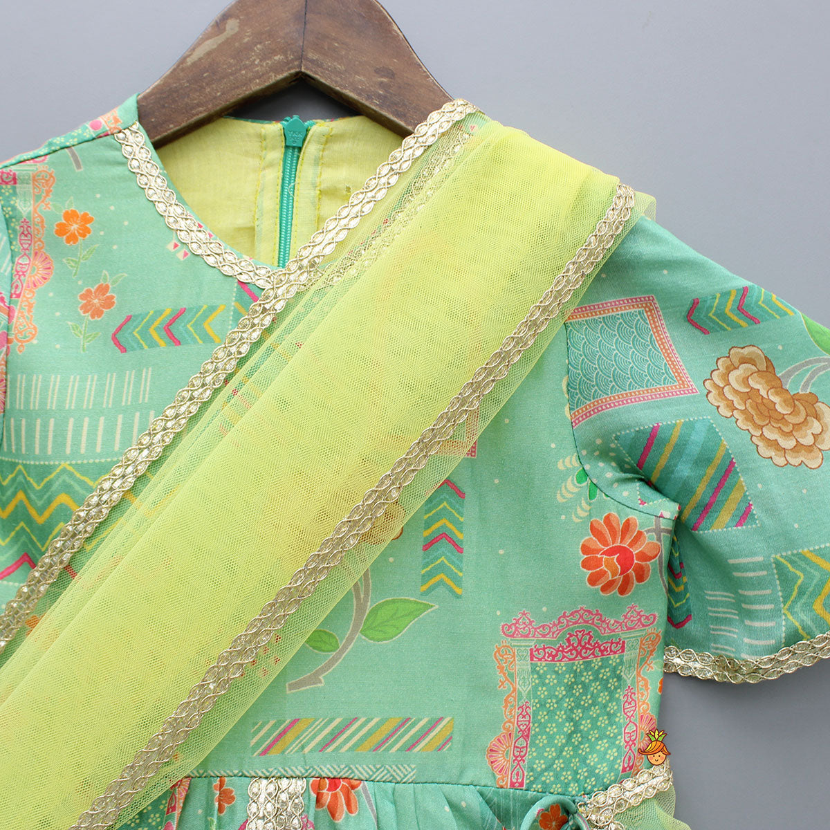 Green Printed Anarkali With Attached Dupatta