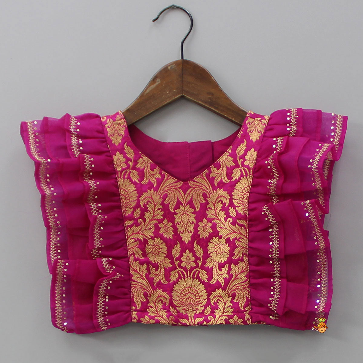 Pink Frilly Brocade Top And Sparkling Lehenga
