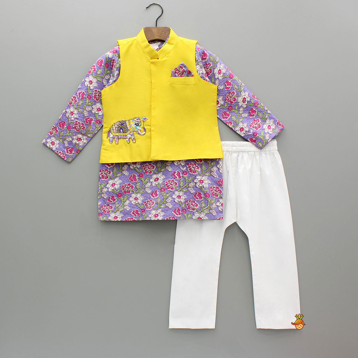 Purple Floral Printed Kurta With Yellow Jacket And Pyjama