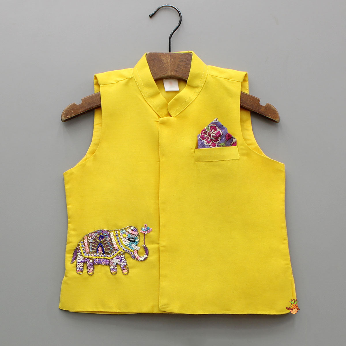 Purple Floral Printed Kurta With Yellow Jacket And Pyjama