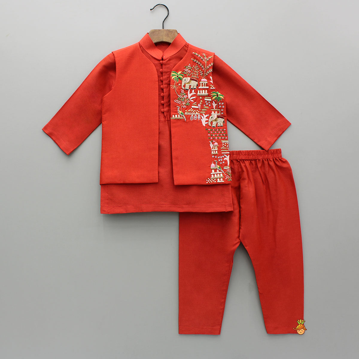 Red Kurta With Embroidered Front Open Jacket And Pyjama