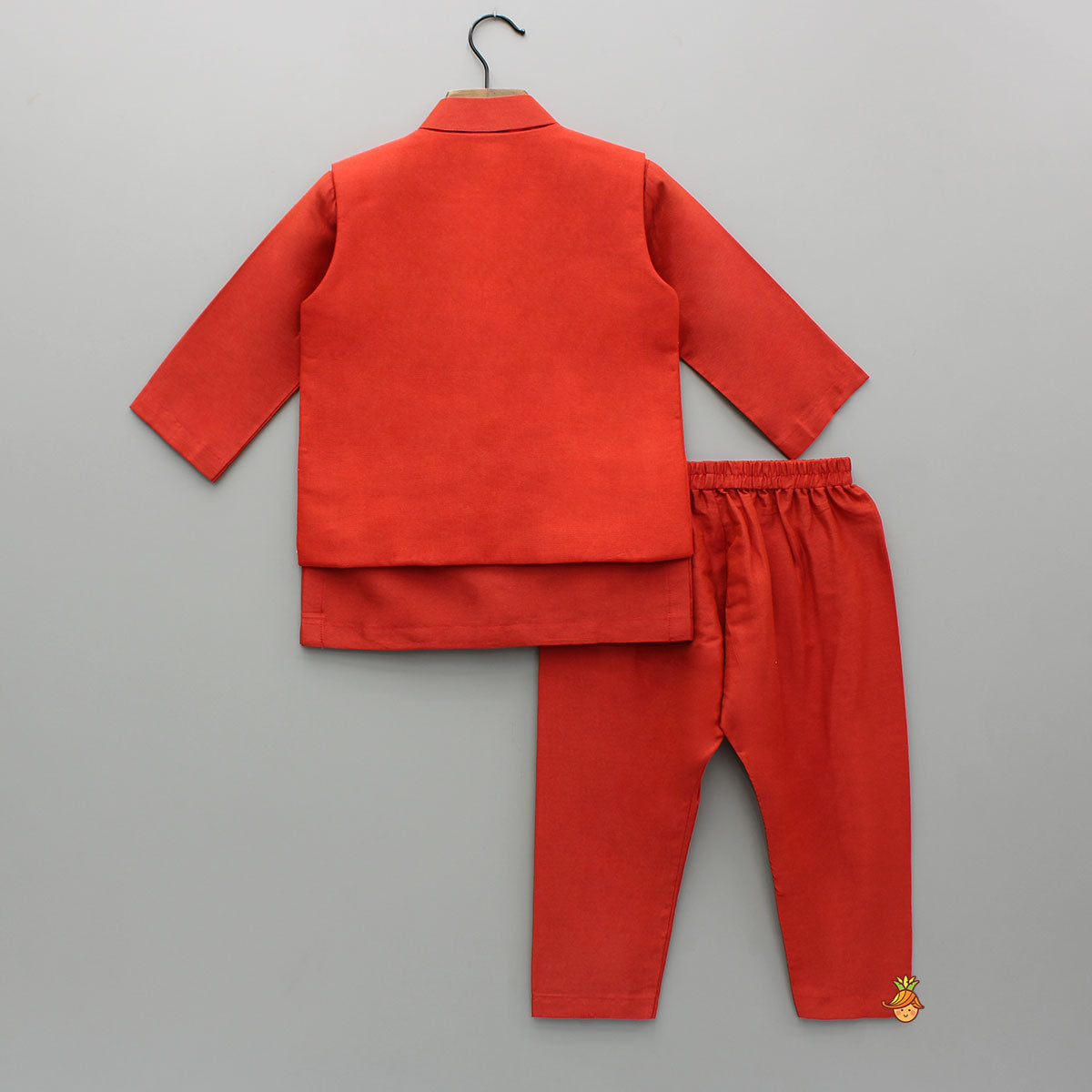 Red Kurta With Embroidered Front Open Jacket And Pyjama