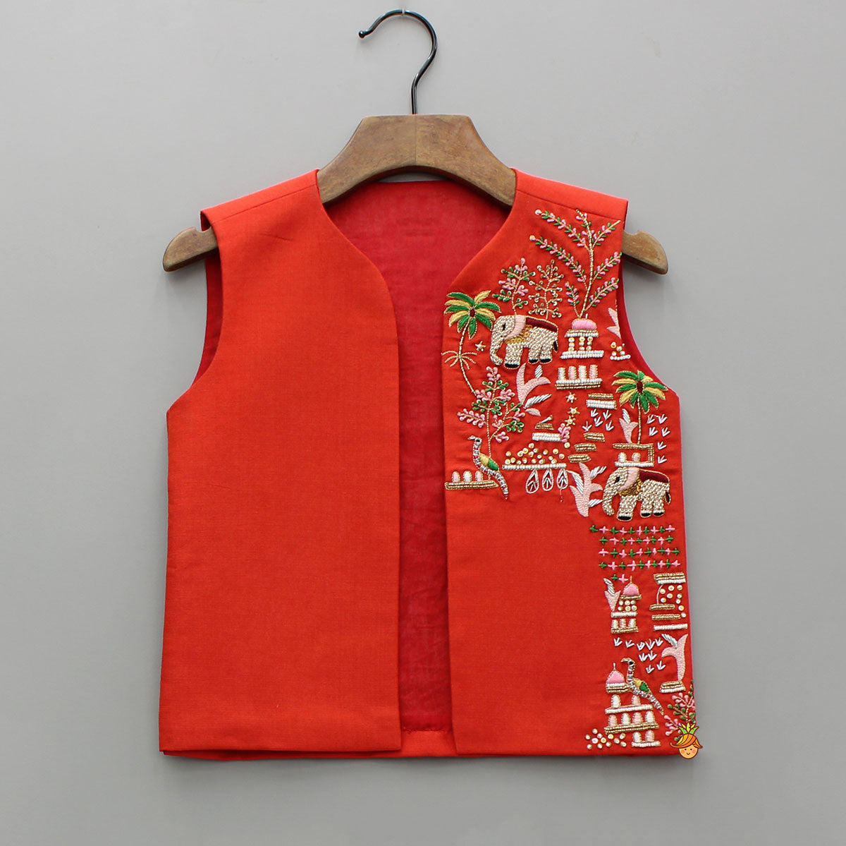 Red Kurta With Embroidered Front Open Jacket And Pyjama