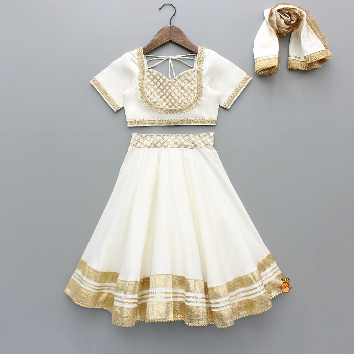 Off White Gota Lace Detailed Top And Lehenga With Dupatta