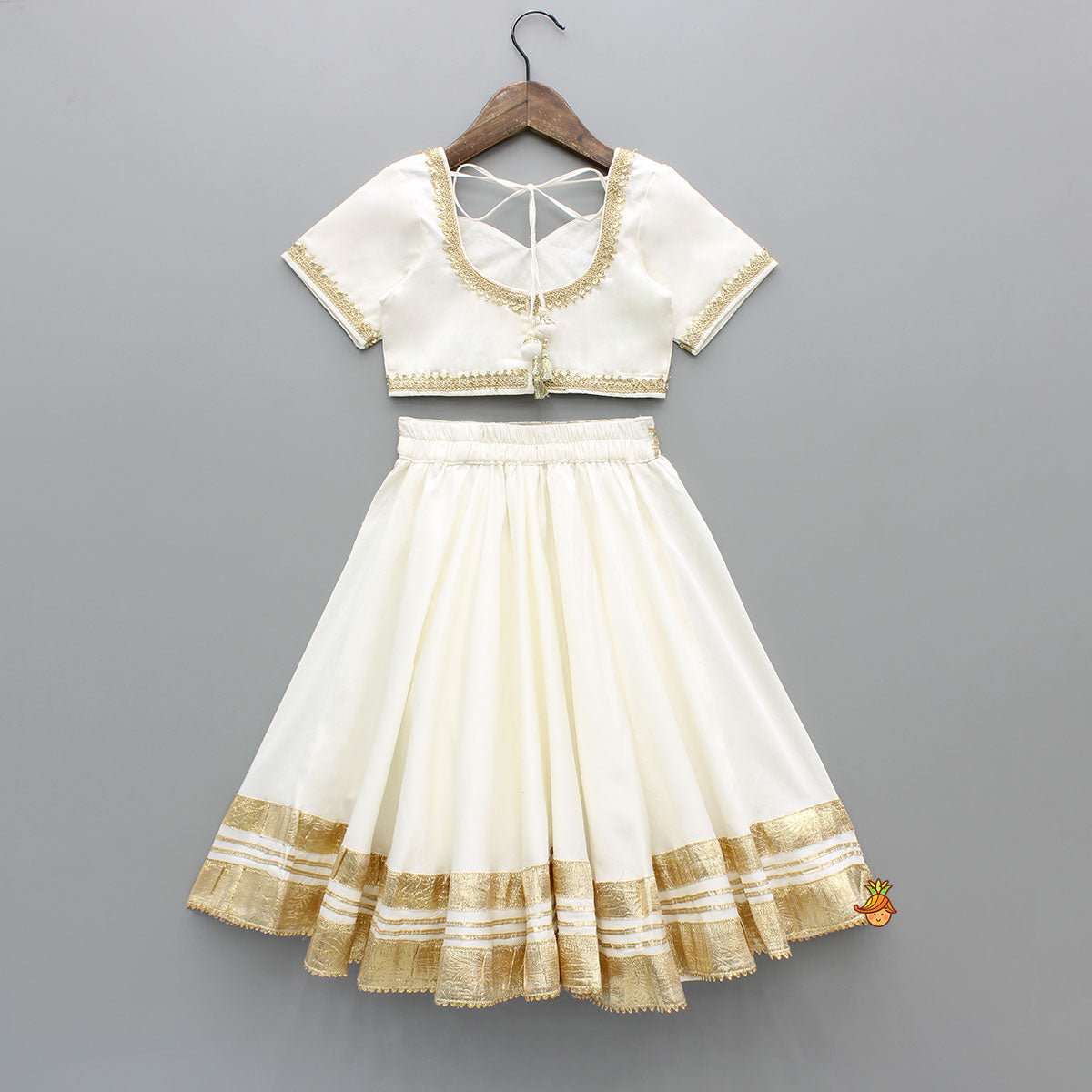 Off White Gota Lace Detailed Top And Lehenga With Dupatta