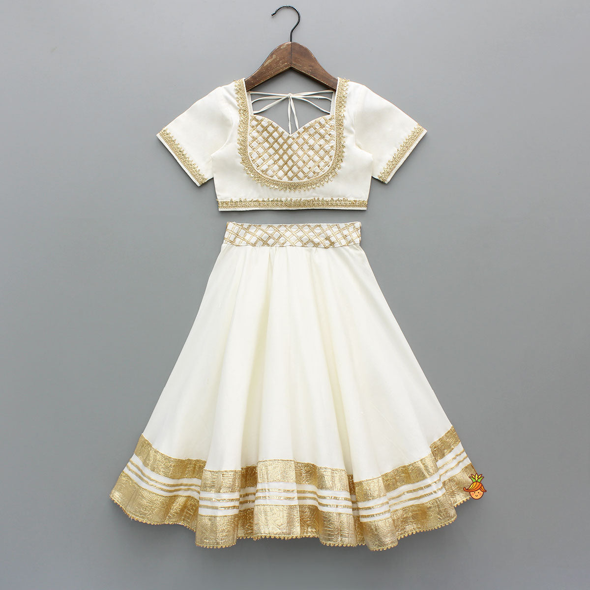 Off White Gota Lace Detailed Top And Lehenga With Dupatta