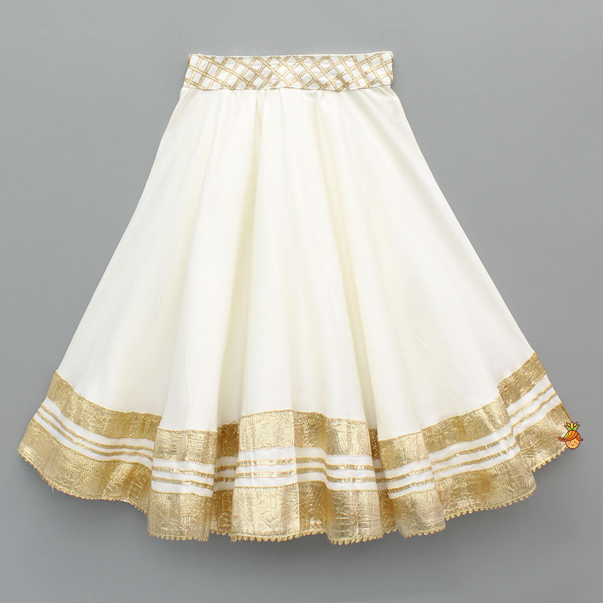 Off White Gota Lace Detailed Top And Lehenga With Dupatta
