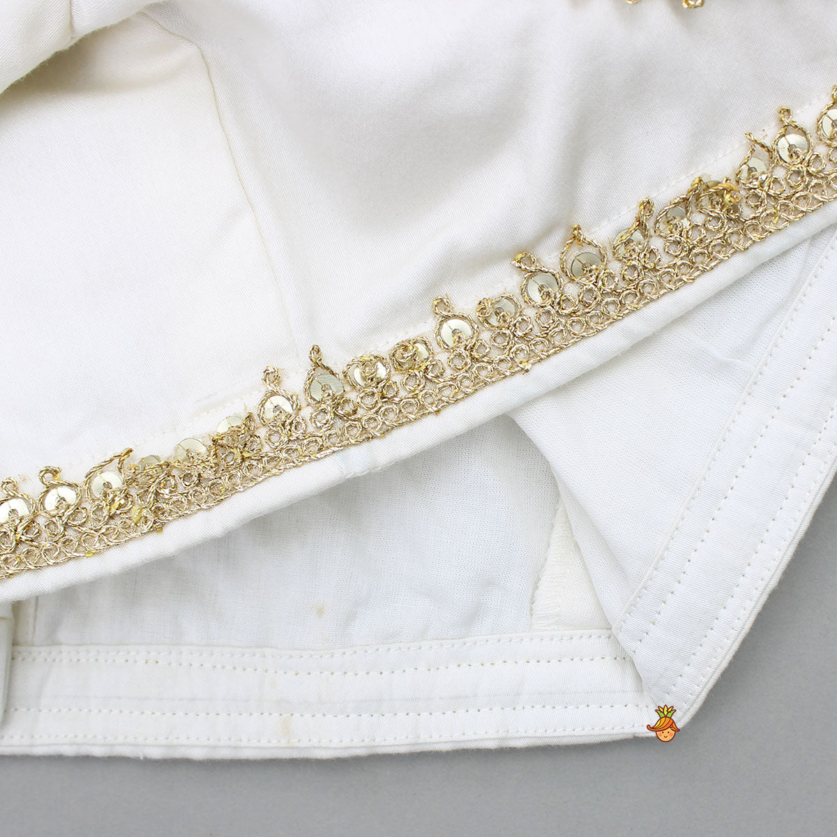 Off White Gota Lace Detailed Top And Lehenga With Dupatta