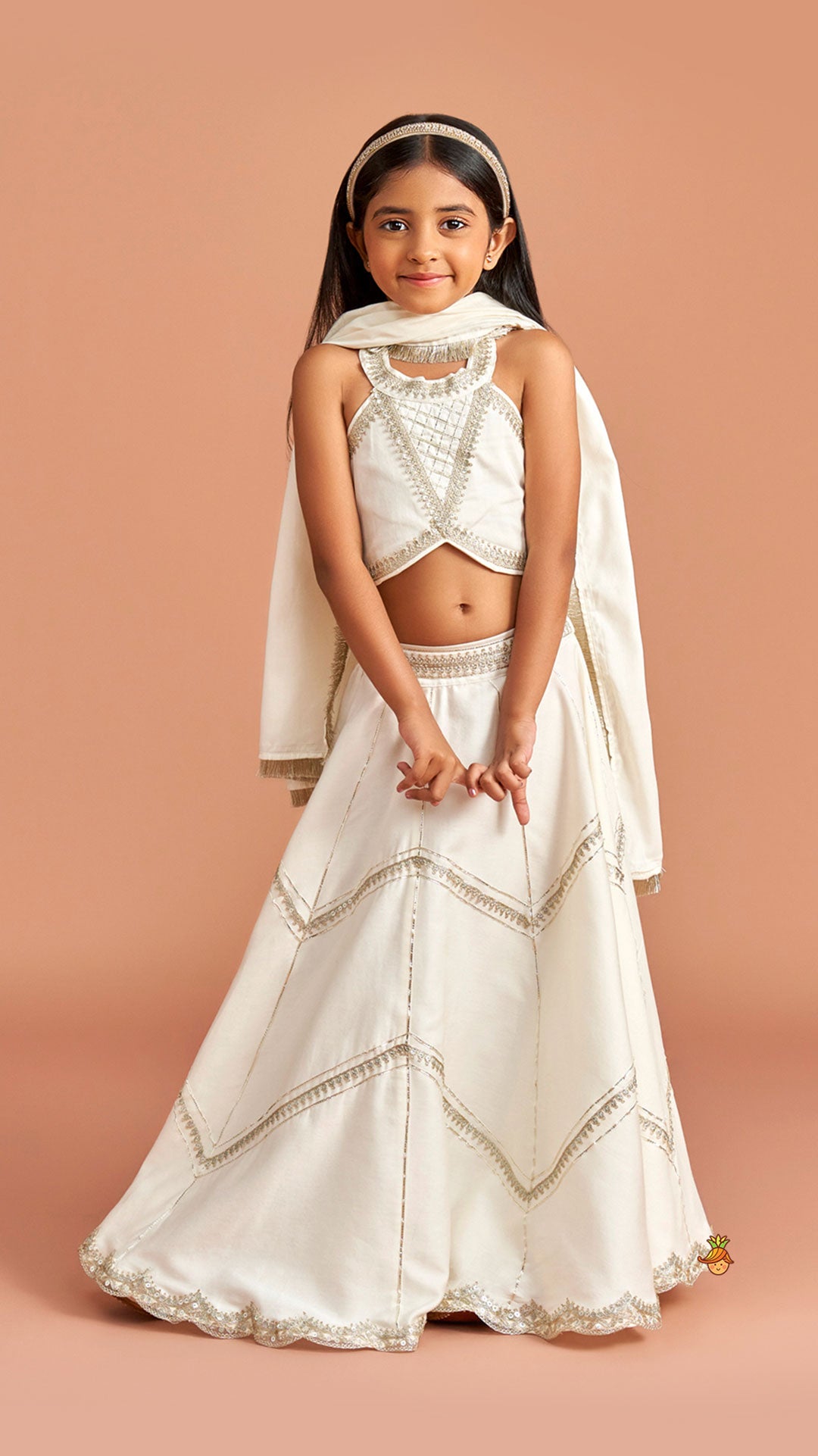 Off White Halter Neck Embellished Top And Lehenga With Dupatta