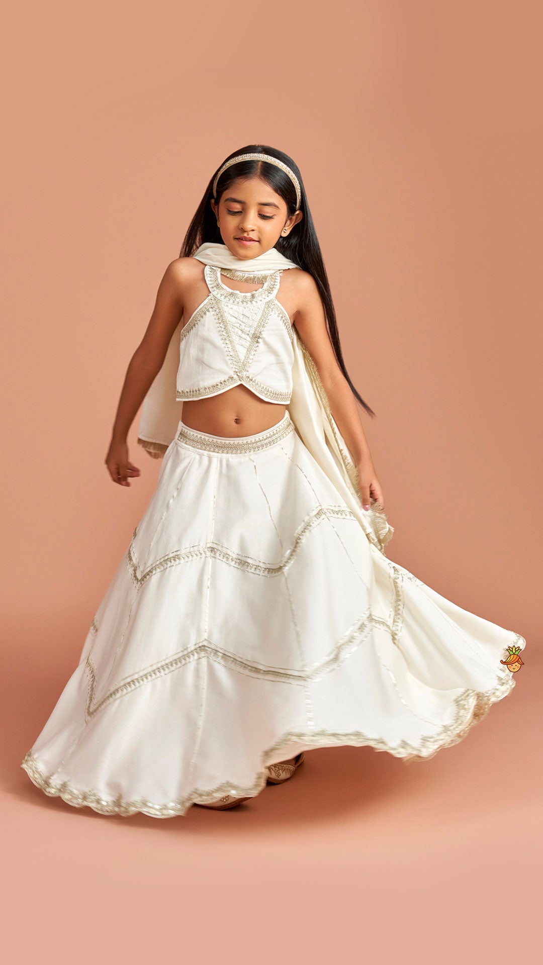 Off White Halter Neck Embellished Top And Lehenga With Dupatta