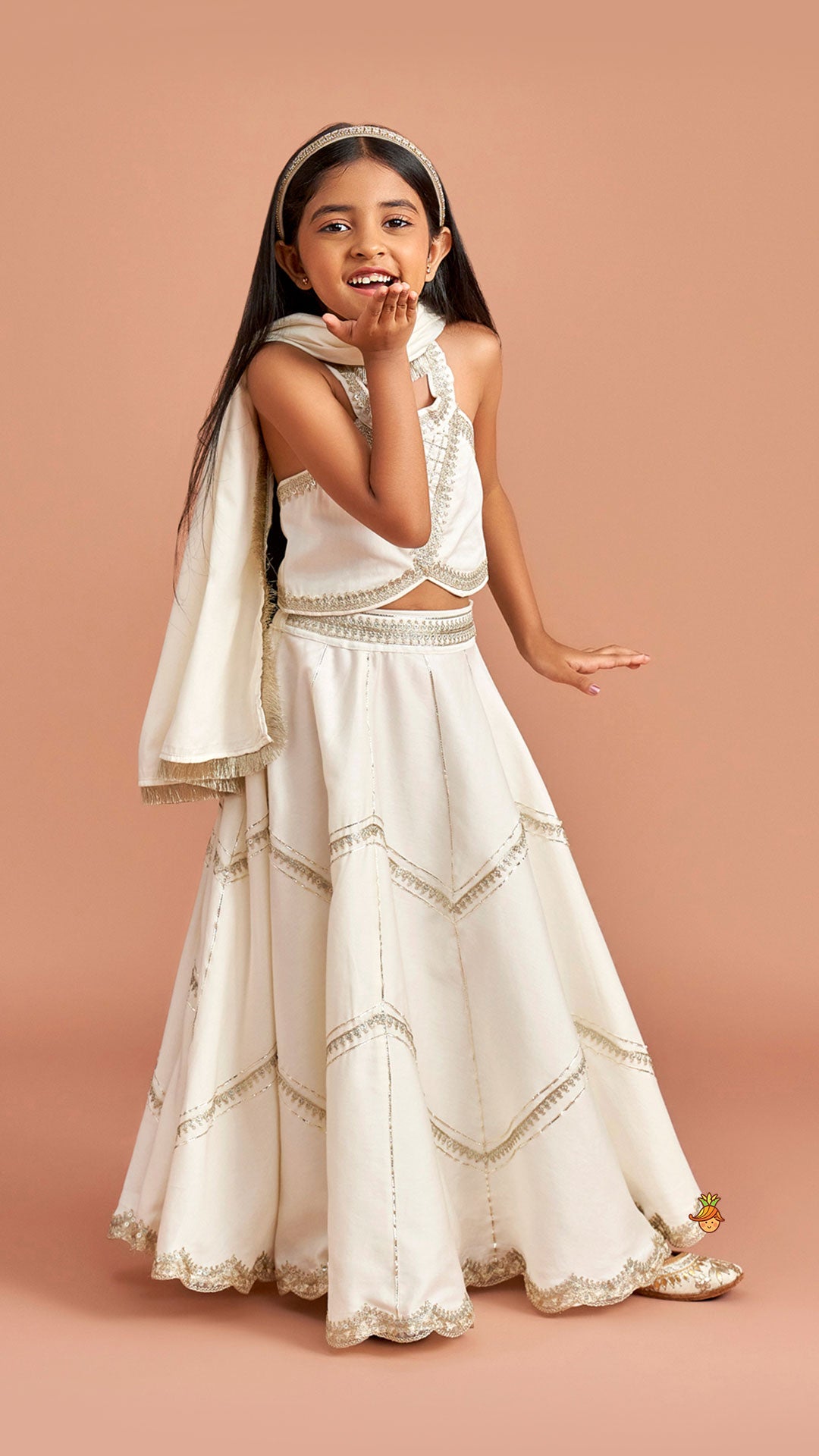 Off White Halter Neck Embellished Top And Lehenga With Dupatta