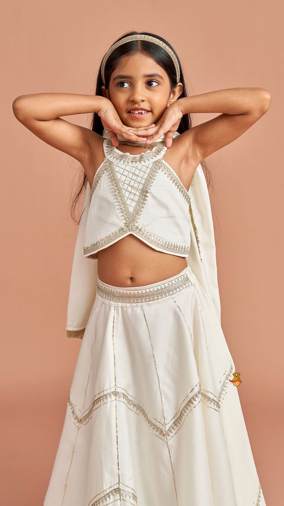 Off White Halter Neck Embellished Top And Lehenga With Dupatta