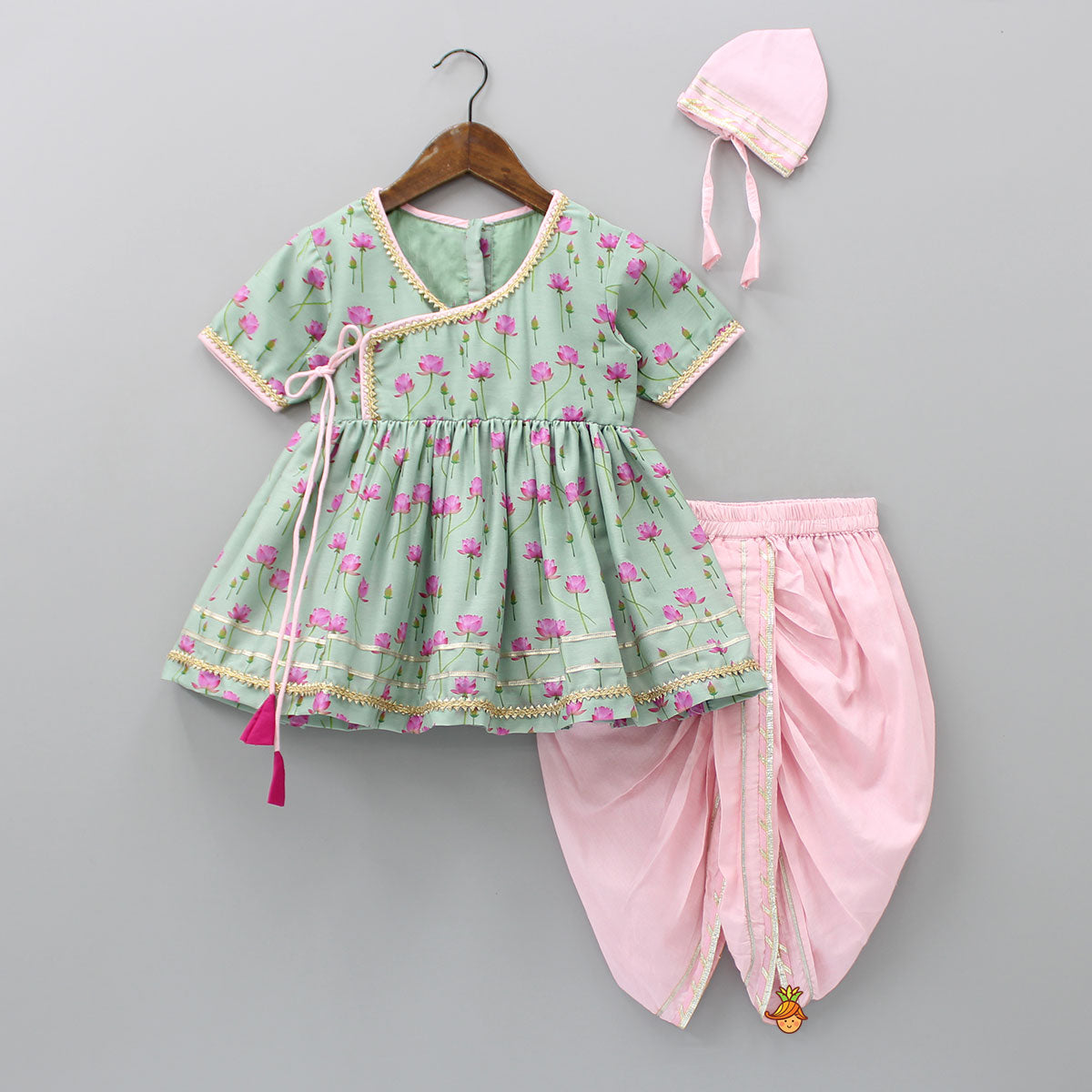 Mint Green Angarkha Style Top And Gota Lace Detailed Baby Pink Dhoti With Matching Mukut