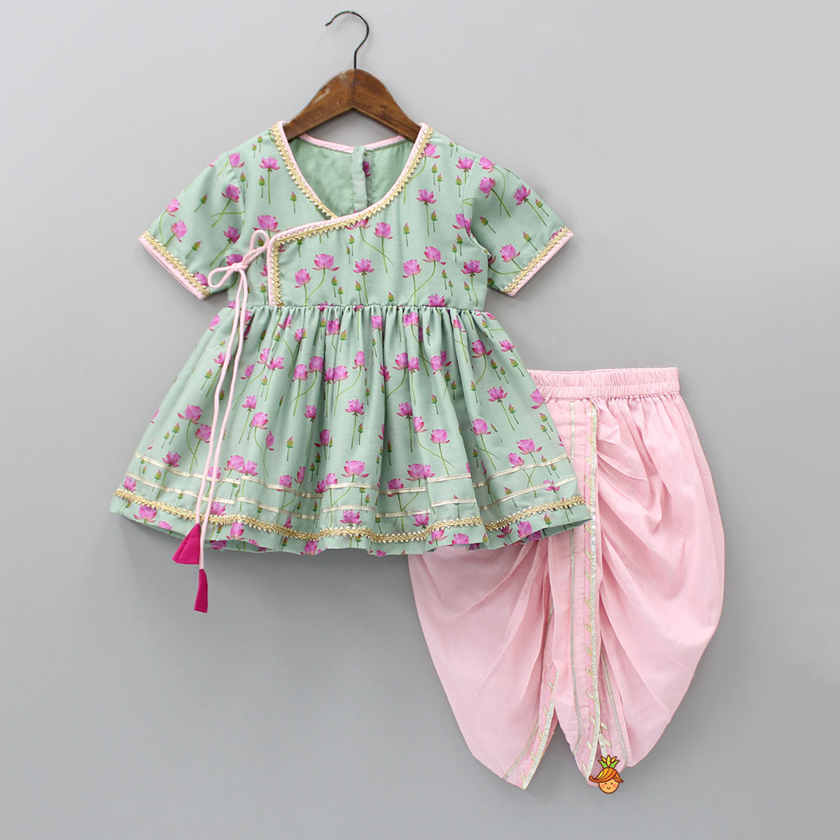 Mint Green Angarkha Style Top And Gota Lace Detailed Baby Pink Dhoti With Matching Mukut